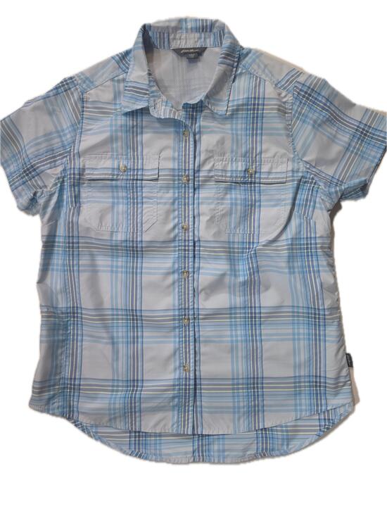 Eddie Bauer Tops - Eddie Bauer Shirt Womens L Blue Gray Plaid Button Up Microfiber Quick Dry